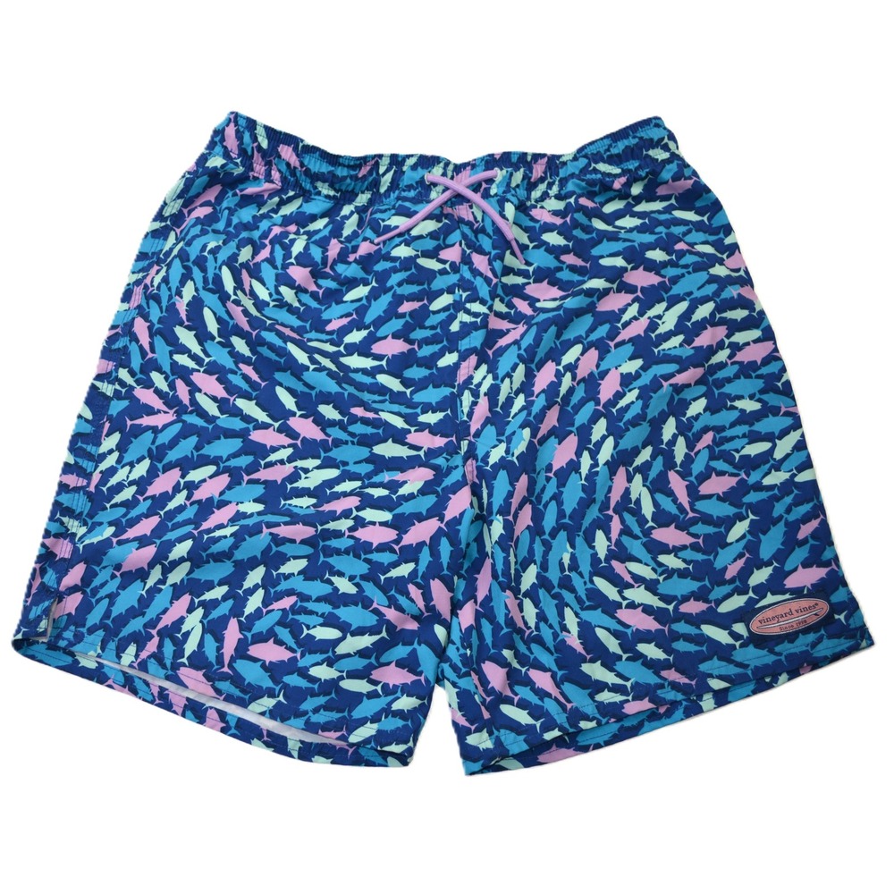 Vineyard Vines Mens Chappy Swim Trunks XL Blue Pink Tuna Fish School Print 7in